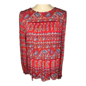 Ann Taylor Loft Women’s XS‎ Red Multi Fan Floral Long Sleeve Blouse EUC